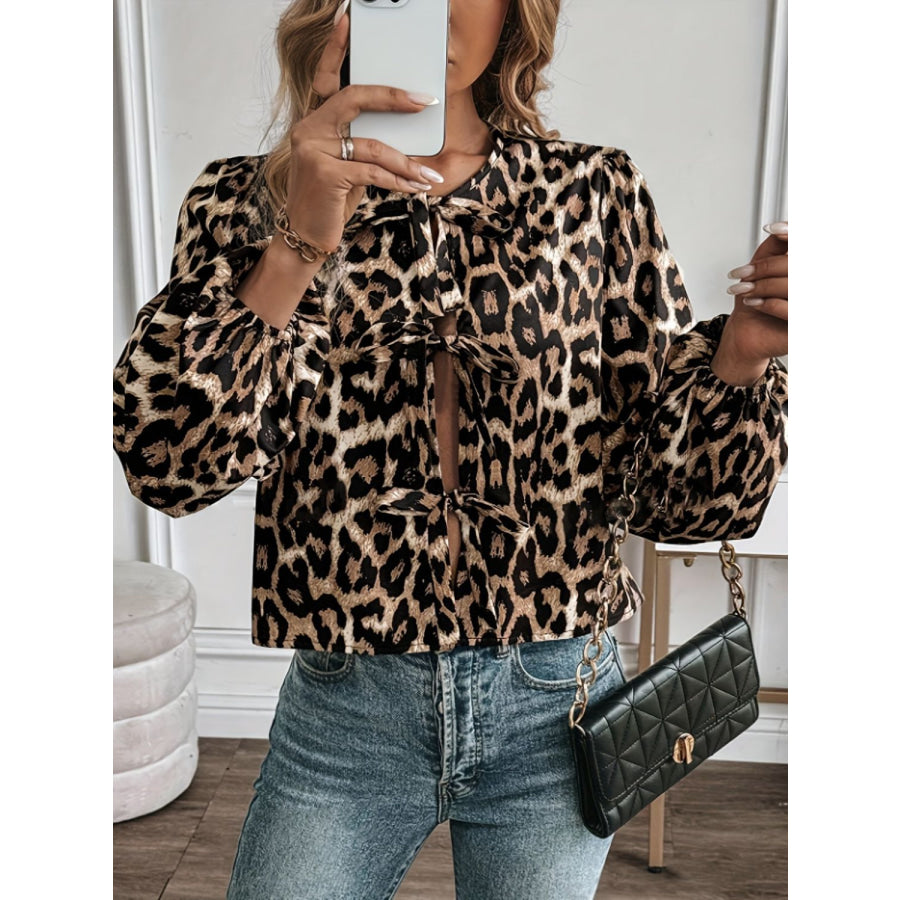 Tied Leopard Round Neck Long Sleeve Top Apparel and Accessories