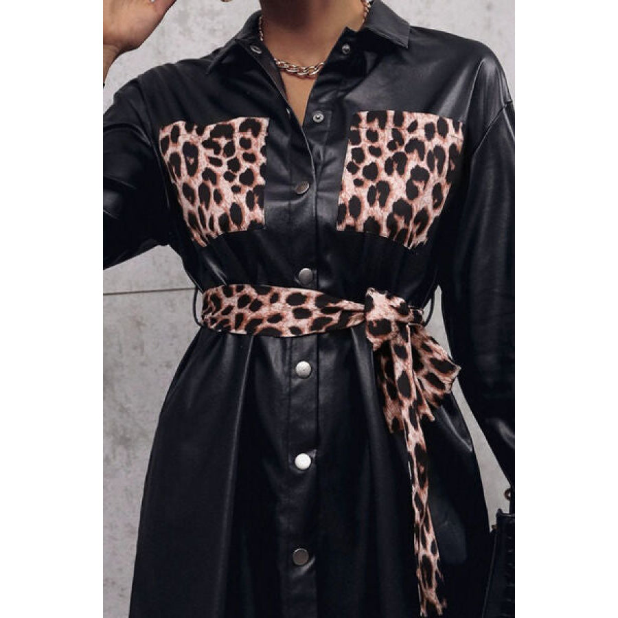 Tied Leopard Snap Down Trench Coat Apparel and Accessories