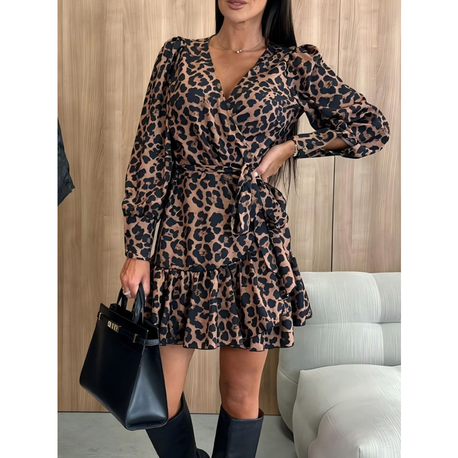 Tied Leopard Surplice Long Sleeve Dress Apparel and Accessories