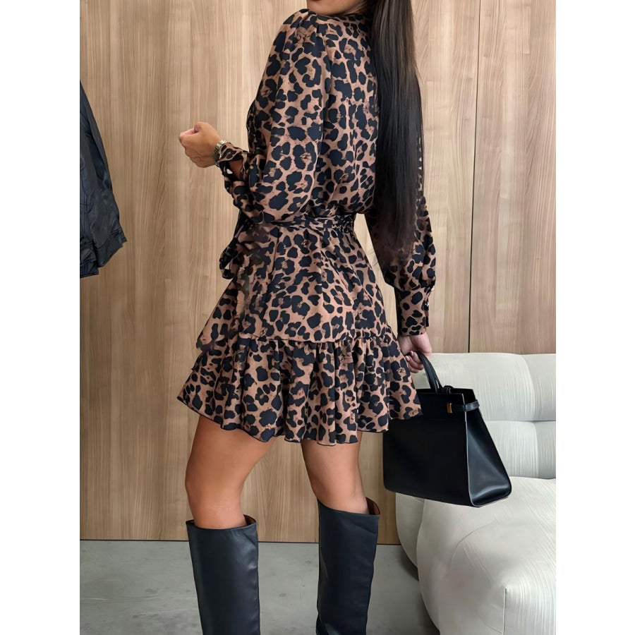 Tied Leopard Surplice Long Sleeve Dress Apparel and Accessories