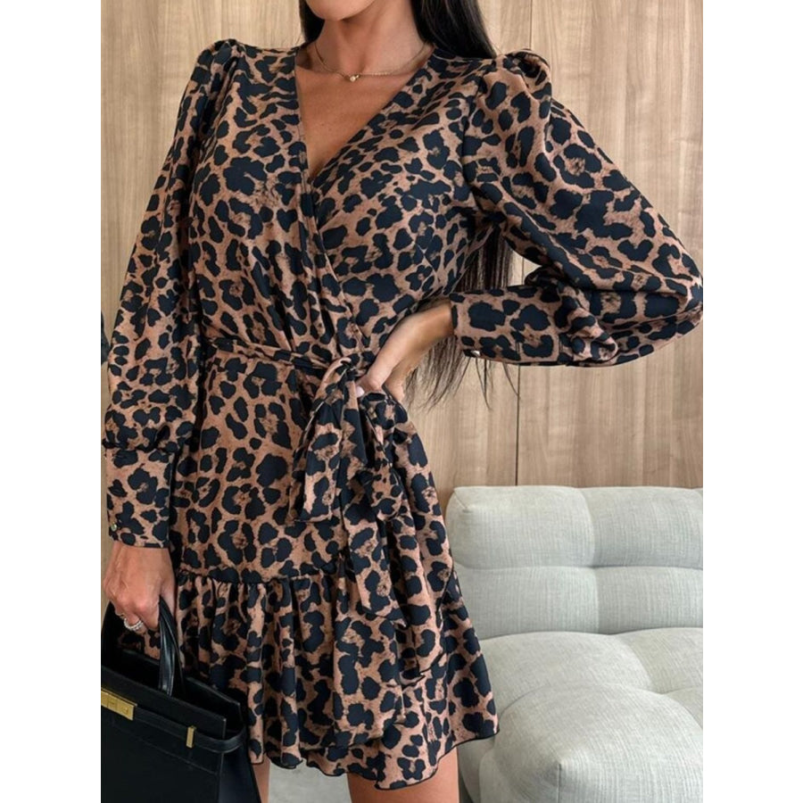 Tied Leopard Surplice Long Sleeve Dress Apparel and Accessories