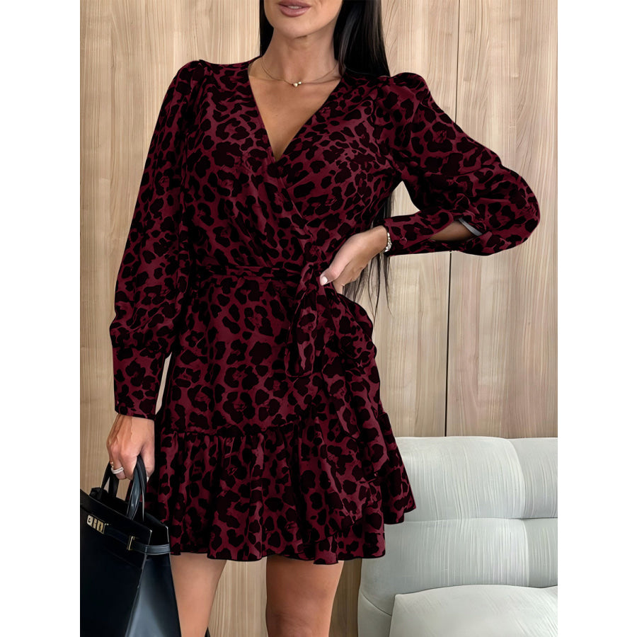 Tied Leopard Surplice Long Sleeve Dress Burgundy / S Apparel and Accessories