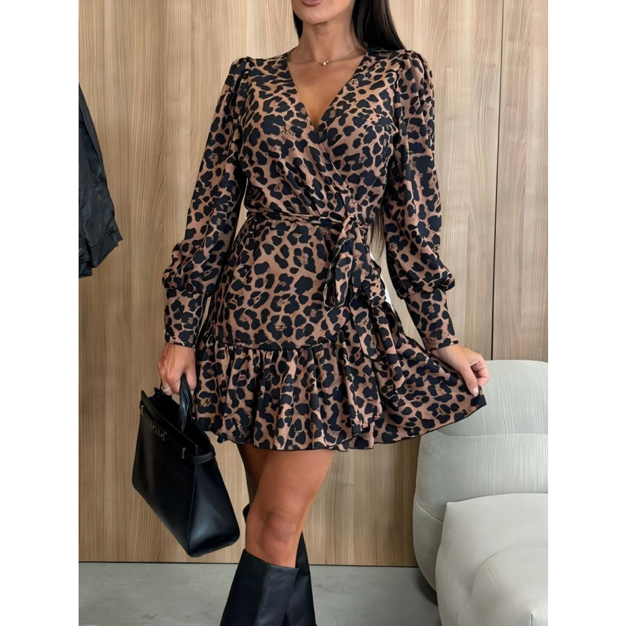 Tied Leopard Surplice Long Sleeve Dress Leopard / S Apparel and Accessories