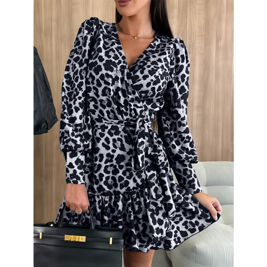 Tied Leopard Surplice Long Sleeve Dress White / XL Apparel and Accessories