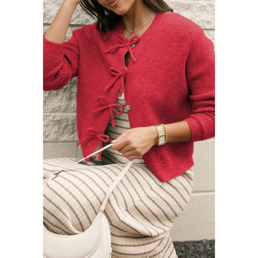 Tied Long Sleeve Cardigan Deep Red / S Apparel and Accessories