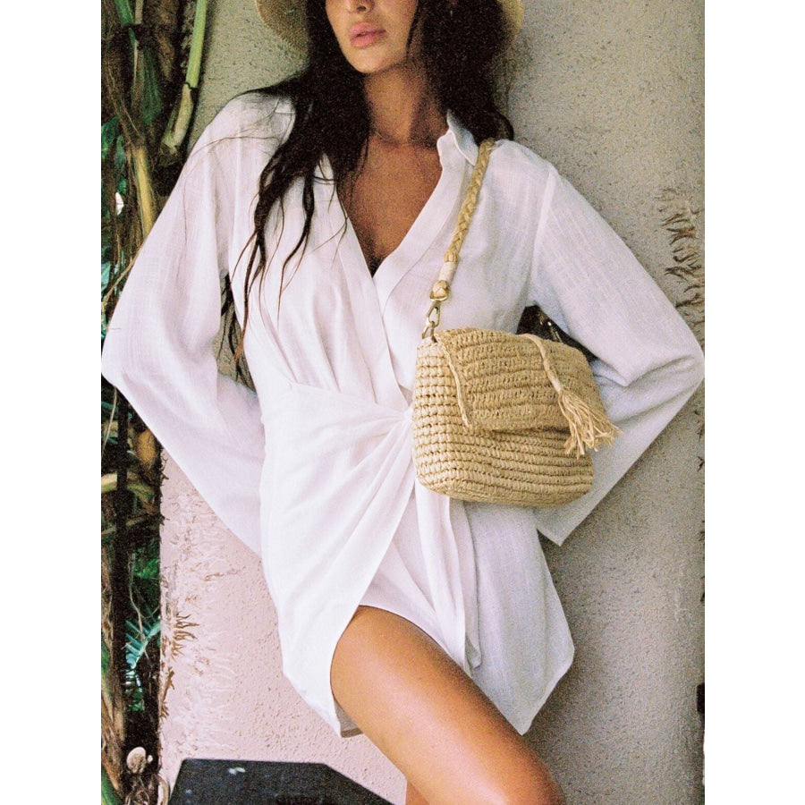 Tied Long Sleeve Cover Up Dress White / S Apparel and Accessories