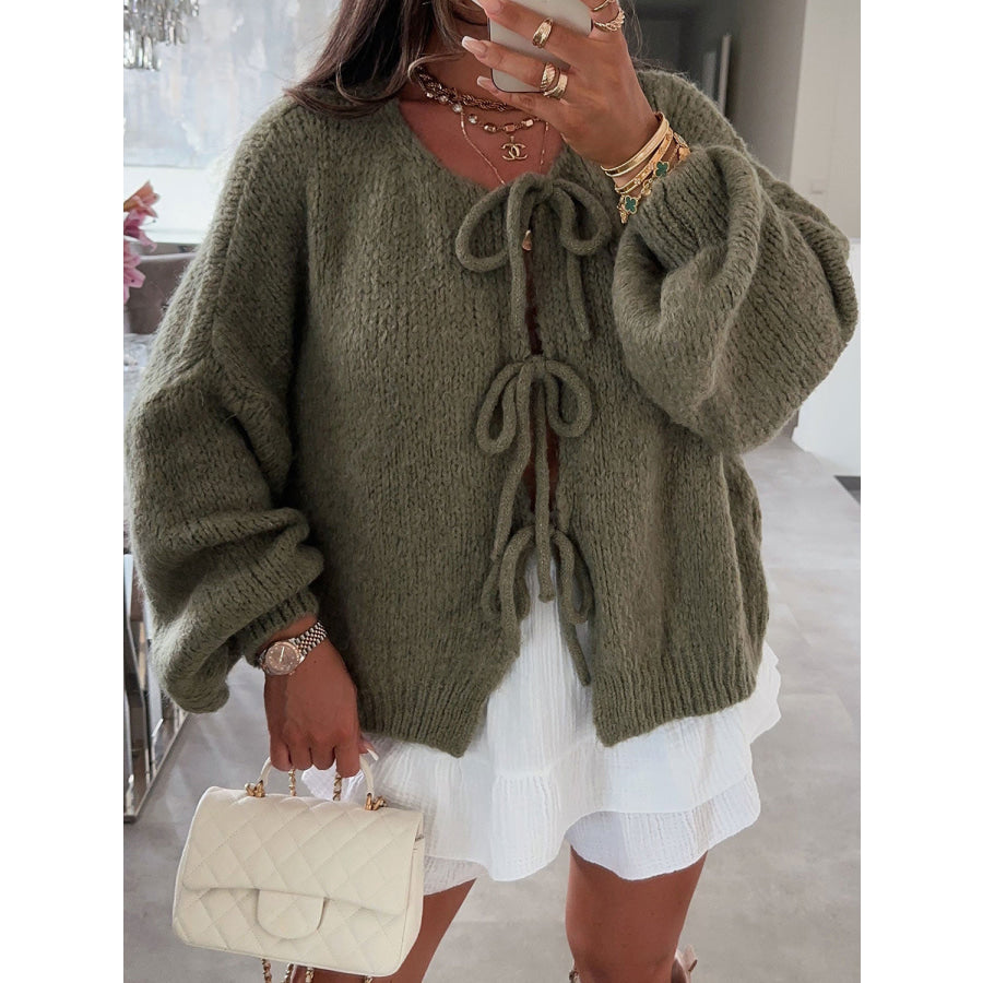 Tied Long Sleeve Dropped Shoulder Cardigan Apparel and Accessories