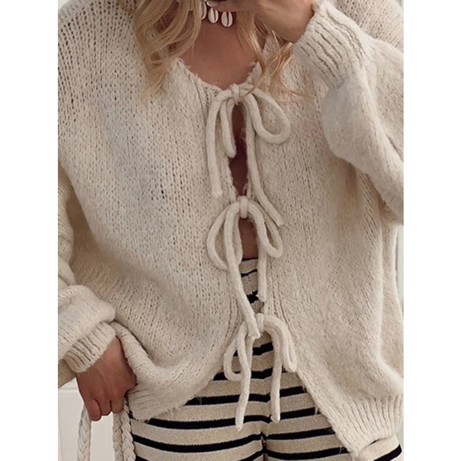 Tied Long Sleeve Dropped Shoulder Cardigan Apparel and Accessories