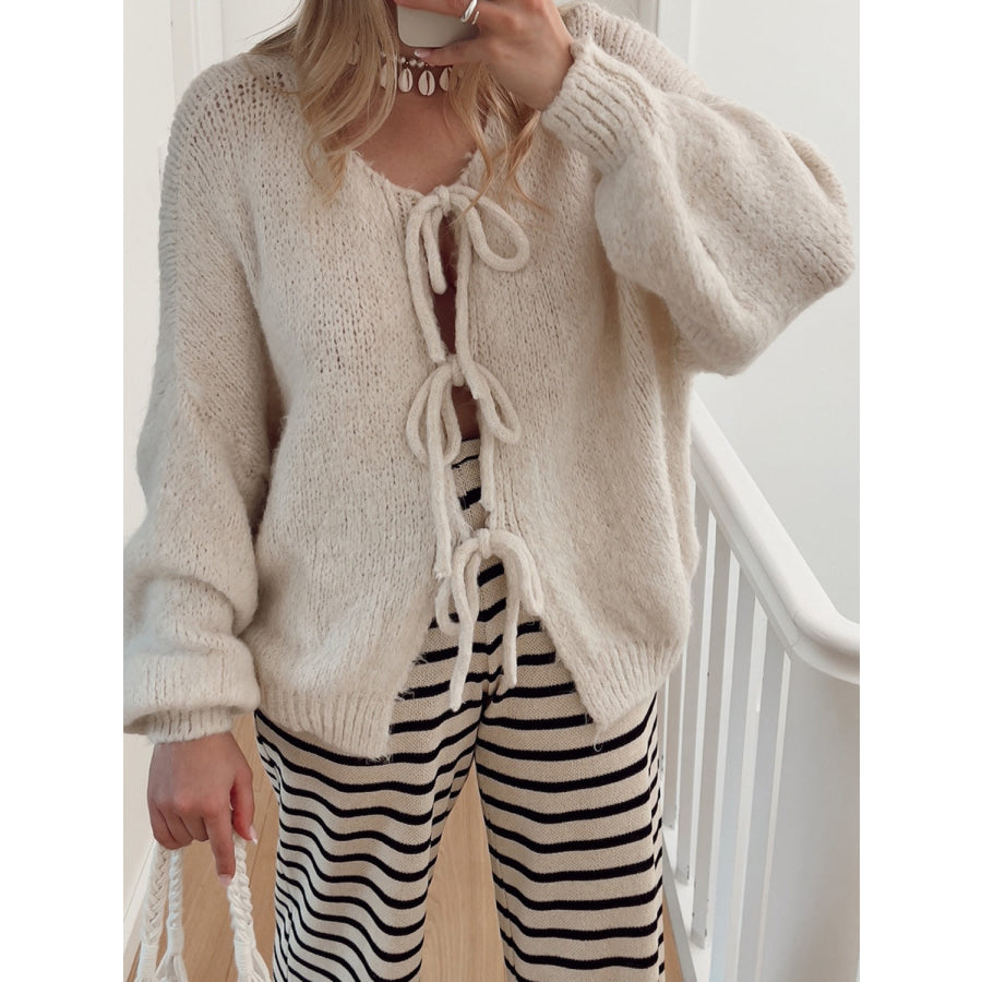 Tied Long Sleeve Dropped Shoulder Cardigan Beige / S Apparel and Accessories