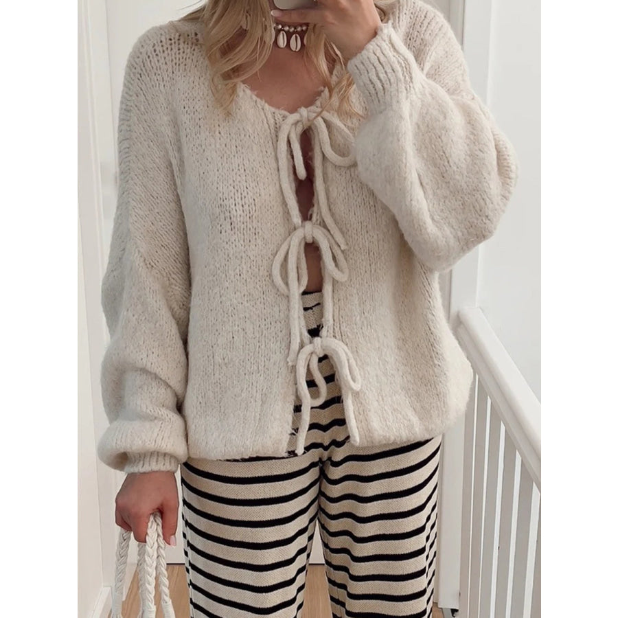 Tied Long Sleeve Dropped Shoulder Cardigan Beige / S Apparel and Accessories