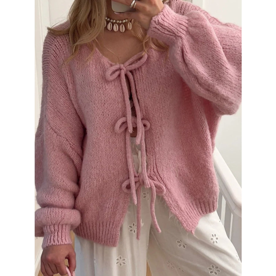 Tied Long Sleeve Dropped Shoulder Cardigan Dusty Pink / S Apparel and Accessories