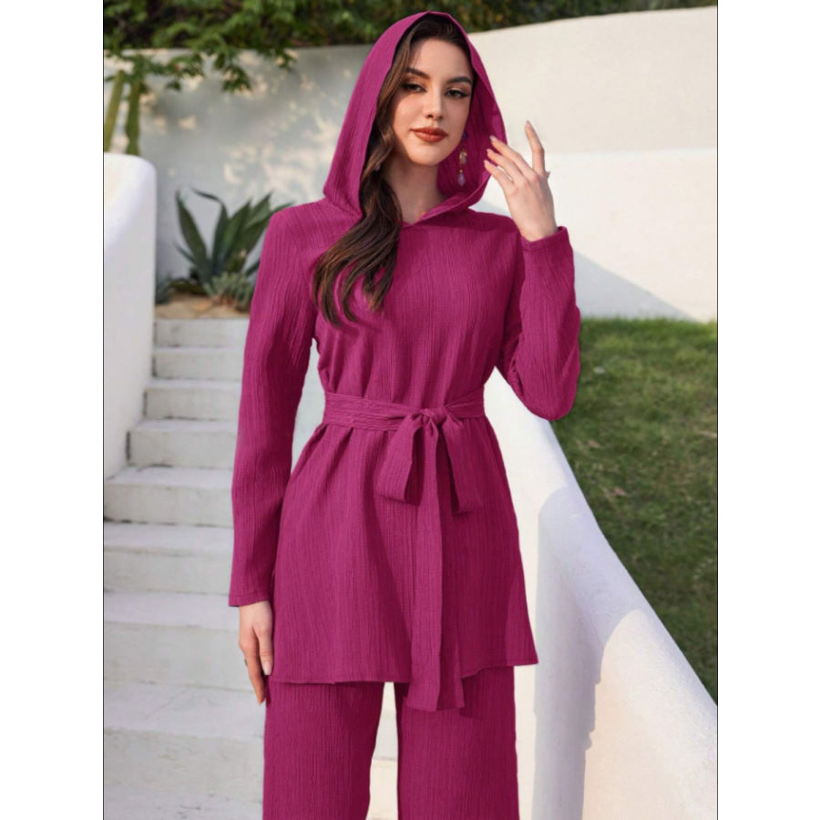 Tied Long Sleeve Hooded Top and Pants Set Cerise / S Apparel and Accessories