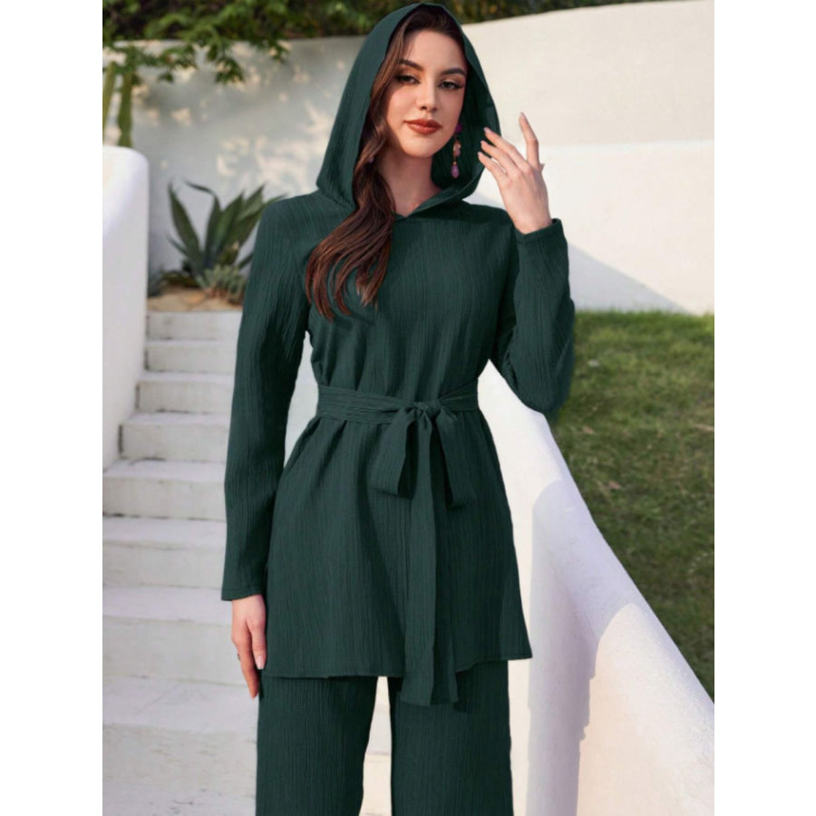 Tied Long Sleeve Hooded Top and Pants Set Dark Green / S Apparel and Accessories