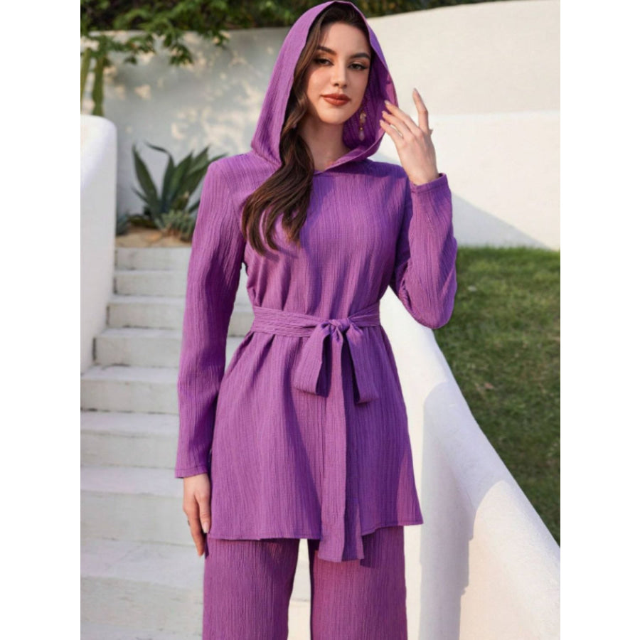 Tied Long Sleeve Hooded Top and Pants Set Vivid Violet / S Apparel and Accessories