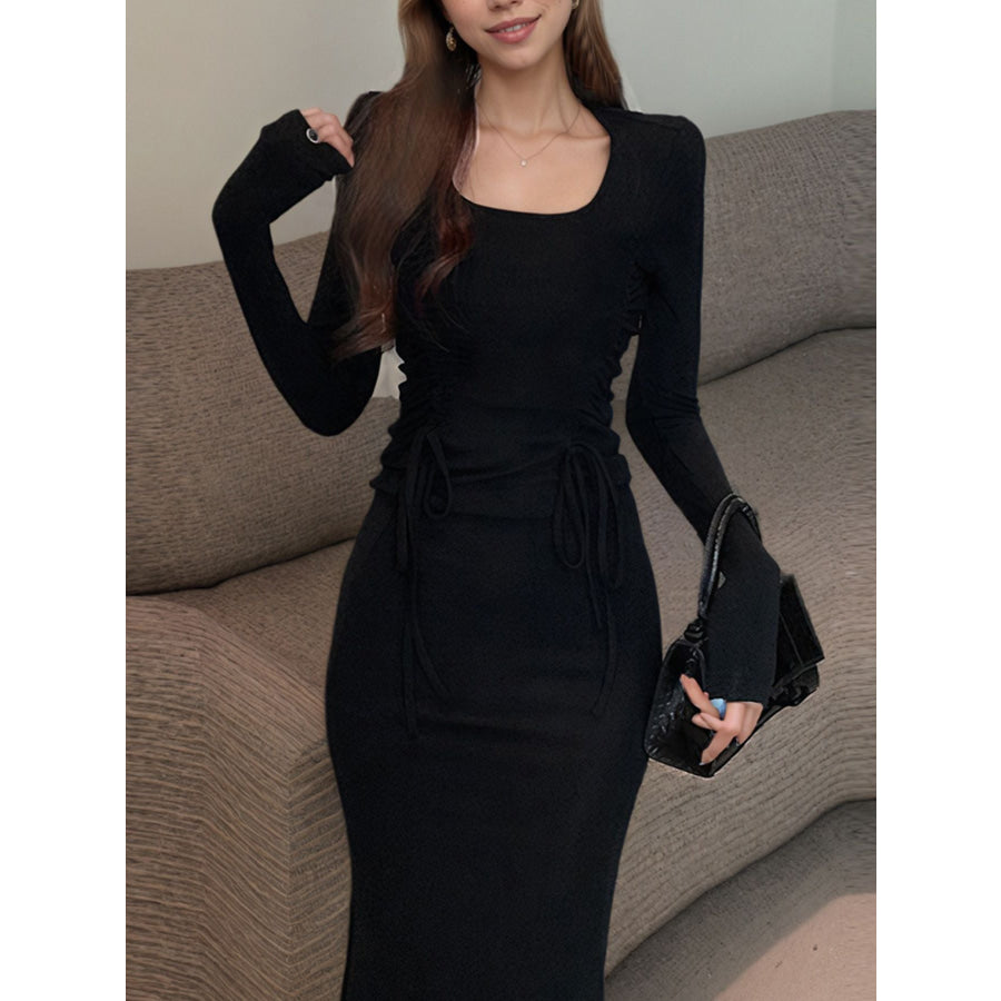 Tied Long Sleeve Midi Dress Apparel and Accessories