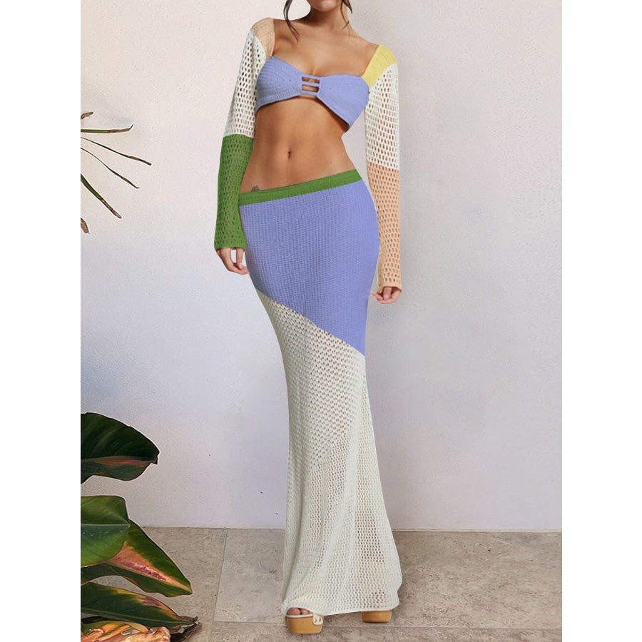 Tied Long Sleeve Top and Skirt Cover Up Set Light Blue / S Apparel and Accessories