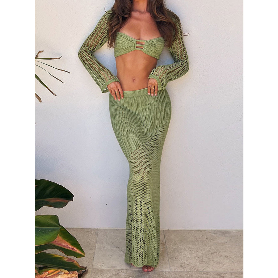 Tied Long Sleeve Top and Skirt Cover Up Set Matcha Green / S Apparel and Accessories