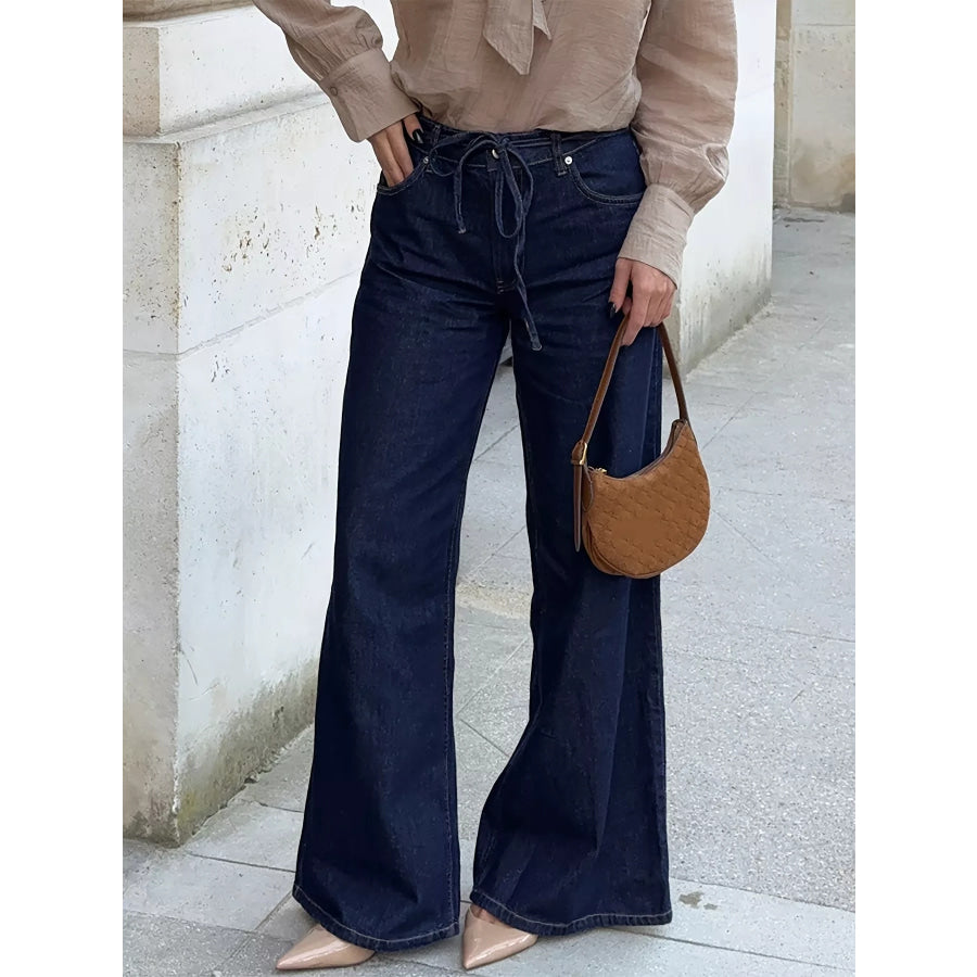 Tied Loose Fit Flare Jeans Dark Blue / S Apparel and Accessories