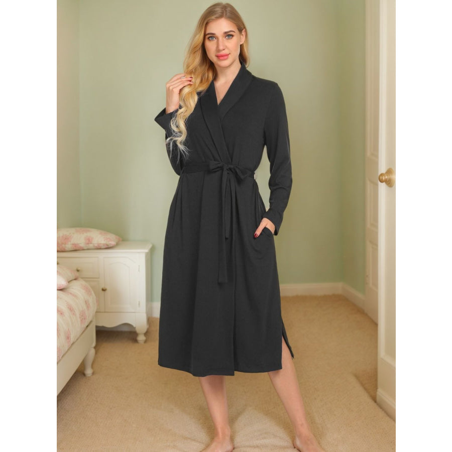 Tied Lounge Nightgown with Pockets Black / S Apparel and Accessories