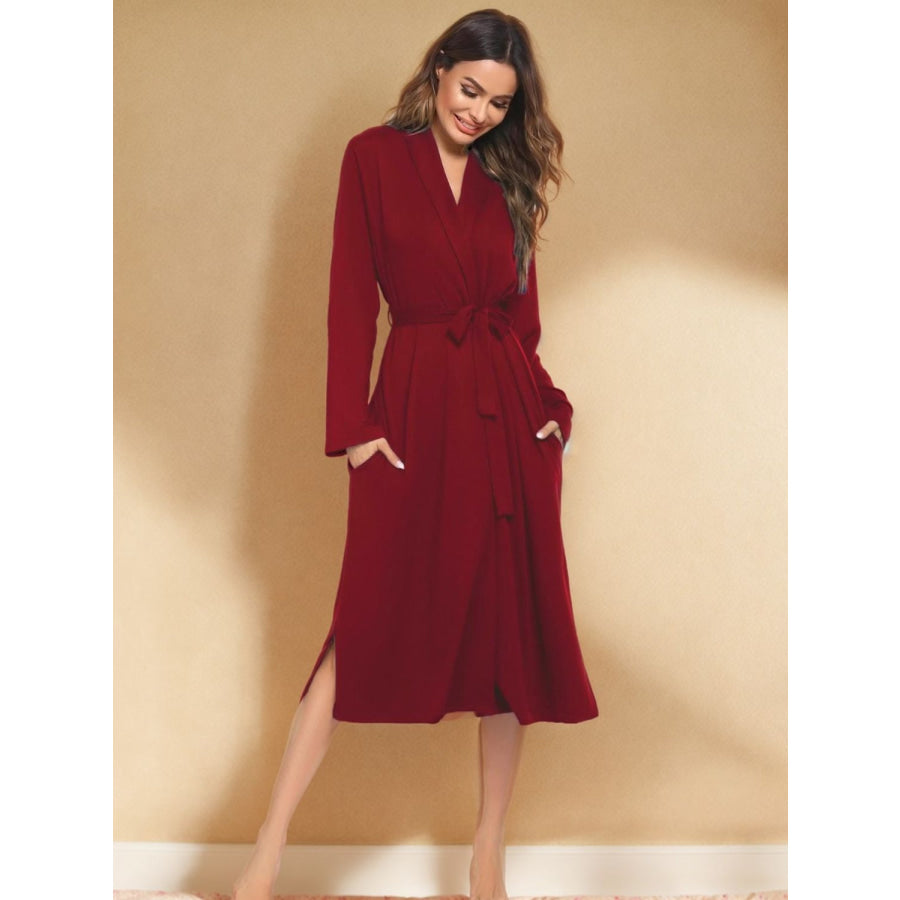 Tied Lounge Nightgown with Pockets Burgundy / S Apparel and Accessories