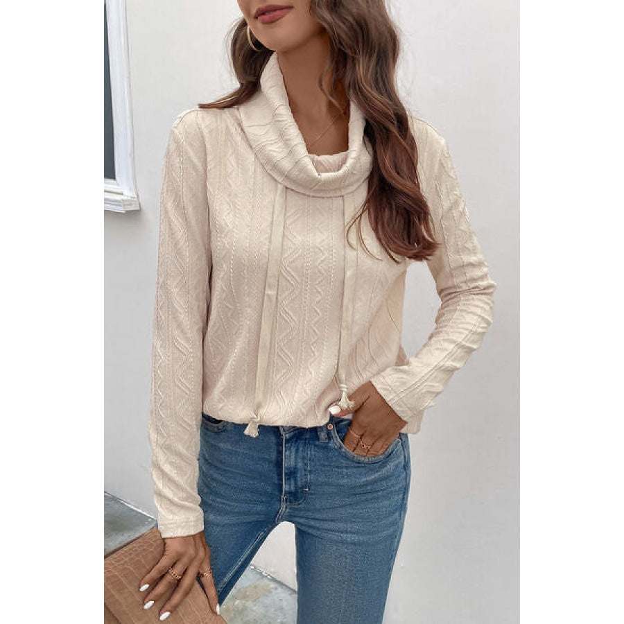 Tied Mock Neck Long Sleeve Knit Top Beige / S Clothing