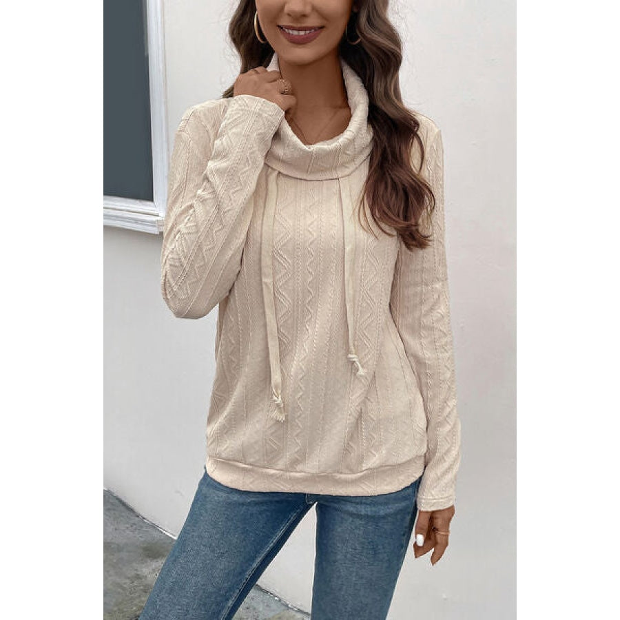 Tied Mock Neck Long Sleeve Knit Top Clothing