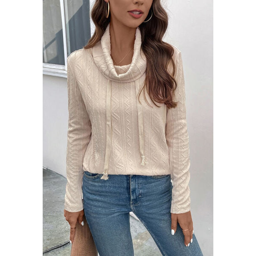 Tied Mock Neck Long Sleeve Knit Top Clothing