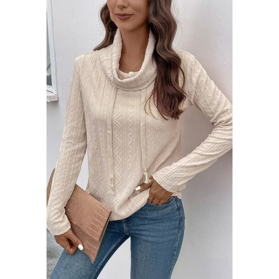 Tied Mock Neck Long Sleeve Knit Top Clothing