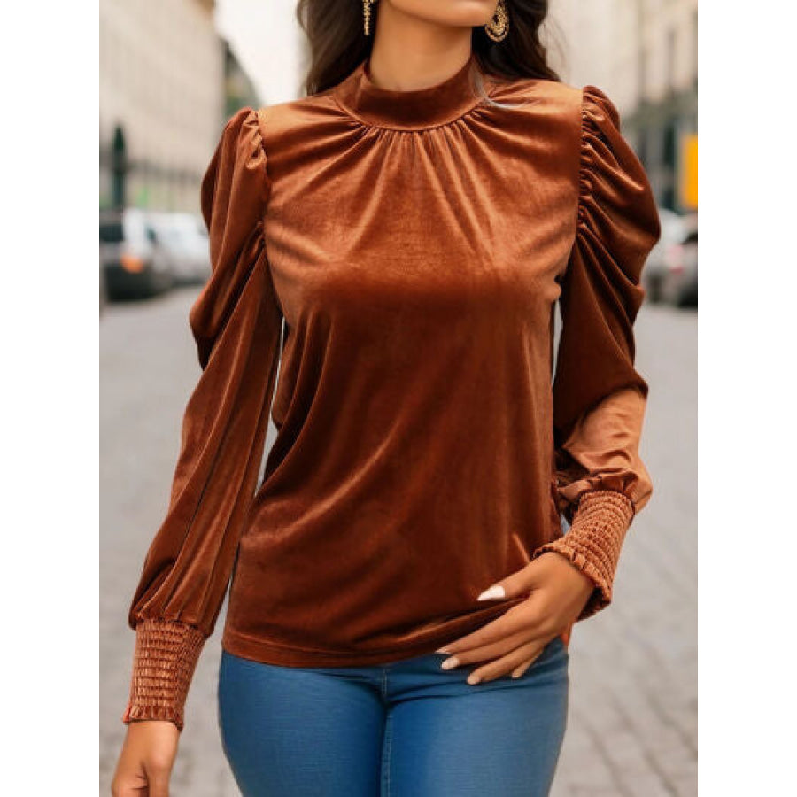 Tied Mock Neck Puff Sleeve Blouse Apparel and Accessories