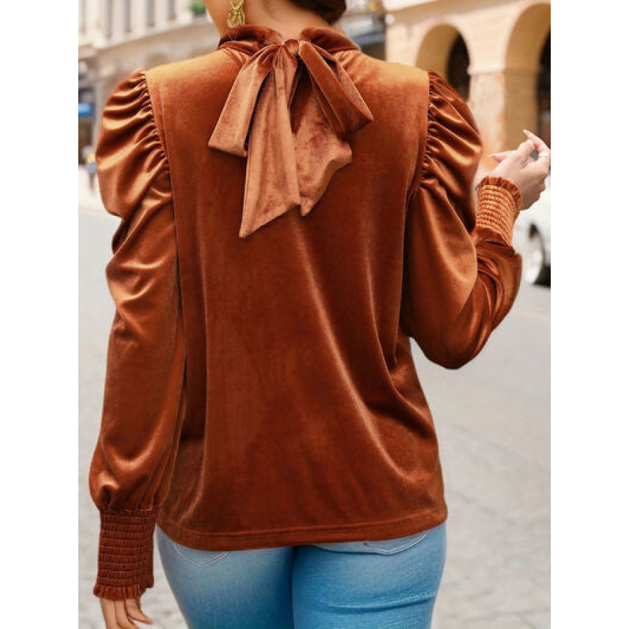 Tied Mock Neck Puff Sleeve Blouse Apparel and Accessories