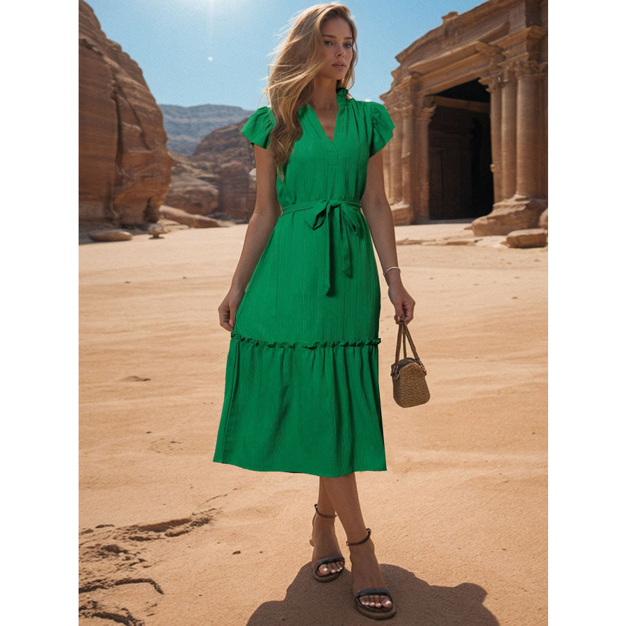 Tied Notched Cap Sleeve Dress Apparel and Accessories