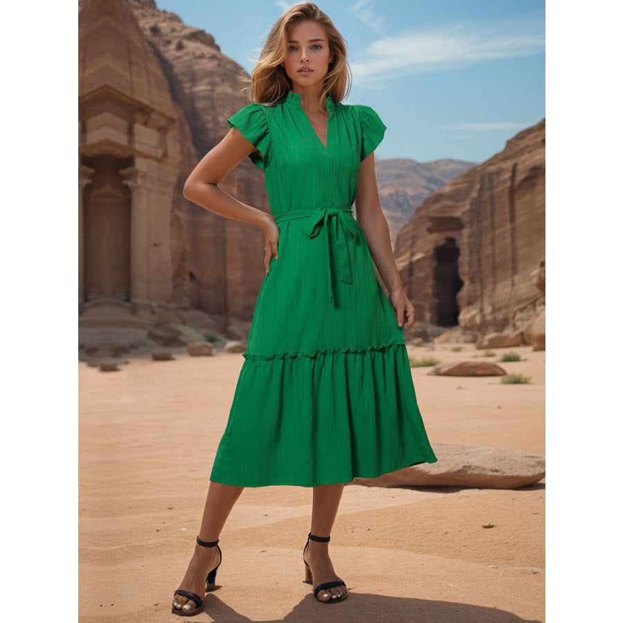 Tied Notched Cap Sleeve Dress Mid Green / S Apparel and Accessories