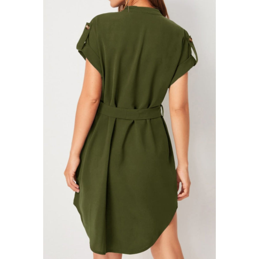 Tied Notched Short Sleeve Dress Apparel and Accessories