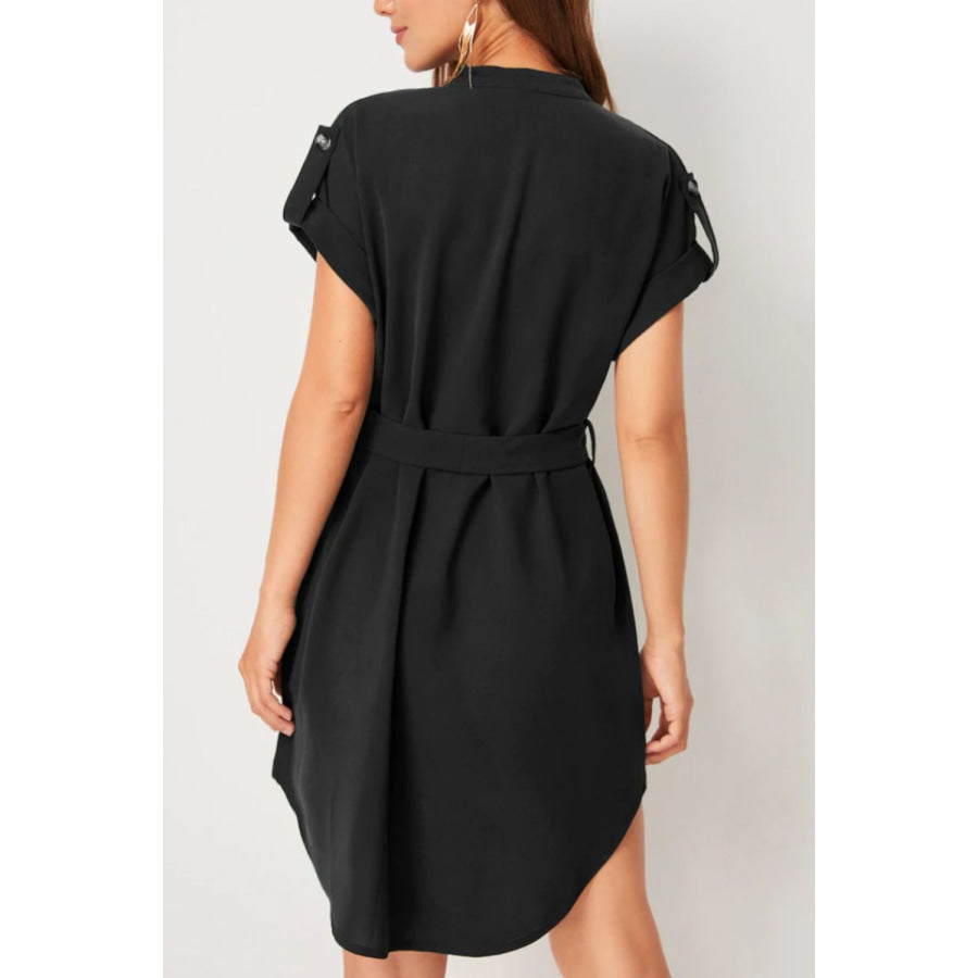 Tied Notched Short Sleeve Dress Apparel and Accessories