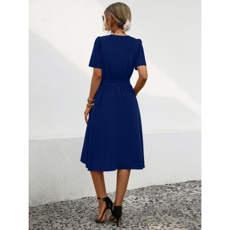 Tied Notched Short Sleeve Dress Apparel and Accessories