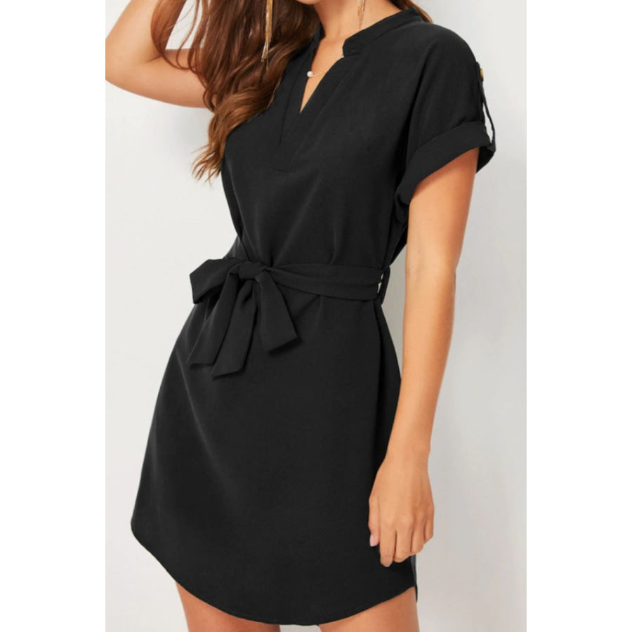 Tied Notched Short Sleeve Dress Apparel and Accessories