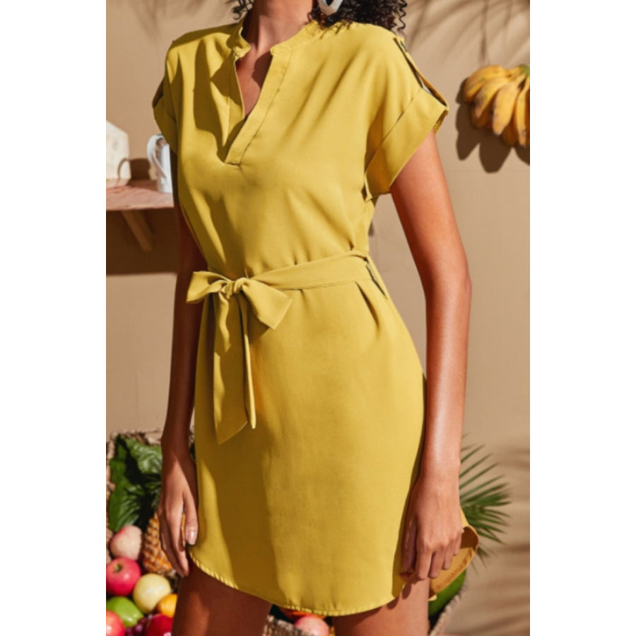 Tied Notched Short Sleeve Dress Apparel and Accessories