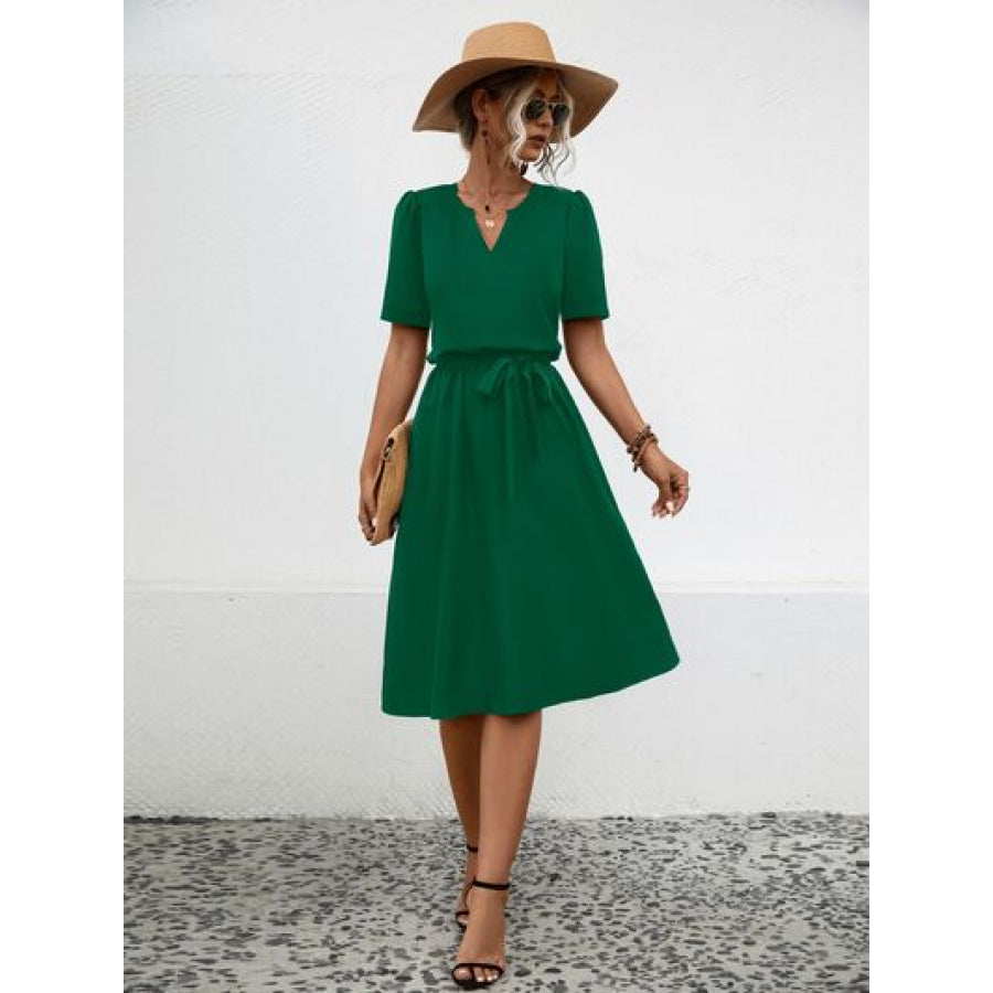 Tied Notched Short Sleeve Dress Apparel and Accessories