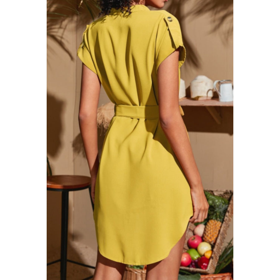 Tied Notched Short Sleeve Dress Apparel and Accessories