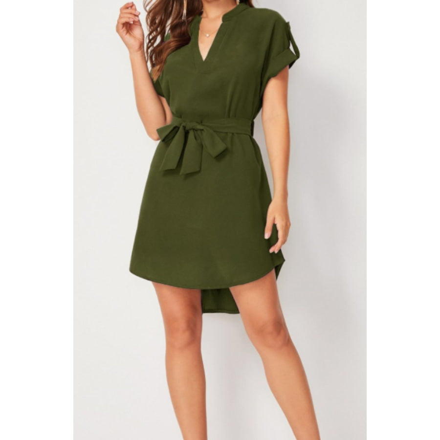 Tied Notched Short Sleeve Dress Apparel and Accessories