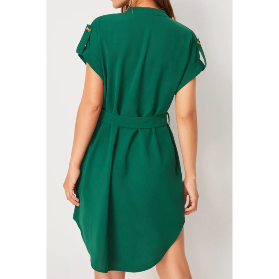 Tied Notched Short Sleeve Dress Apparel and Accessories