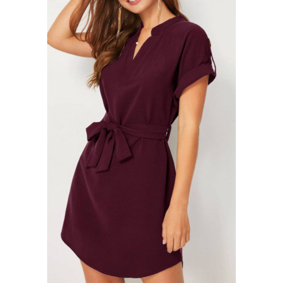 Tied Notched Short Sleeve Dress Apparel and Accessories