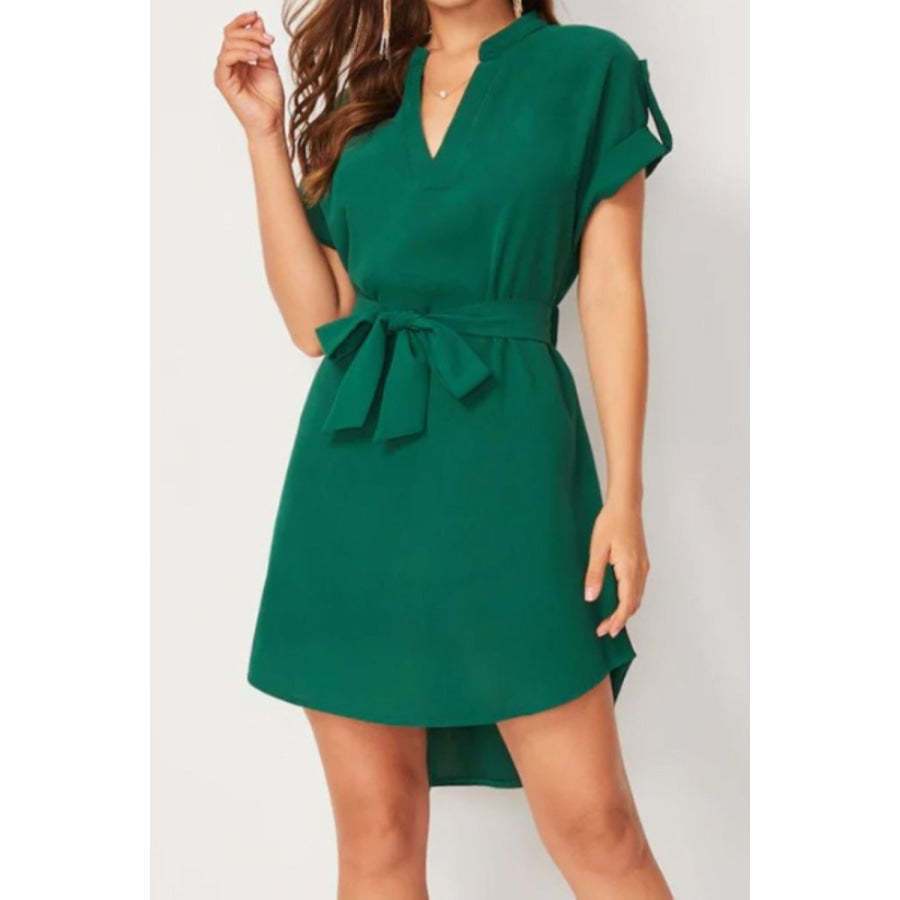 Tied Notched Short Sleeve Dress Apparel and Accessories