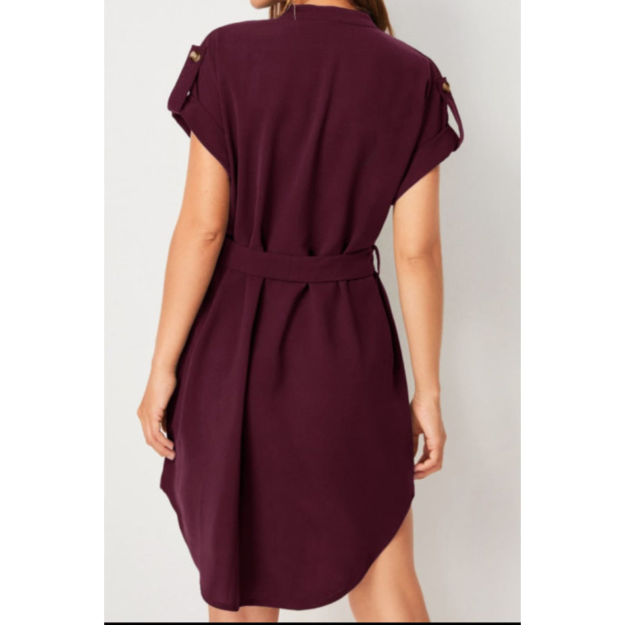 Tied Notched Short Sleeve Dress Apparel and Accessories