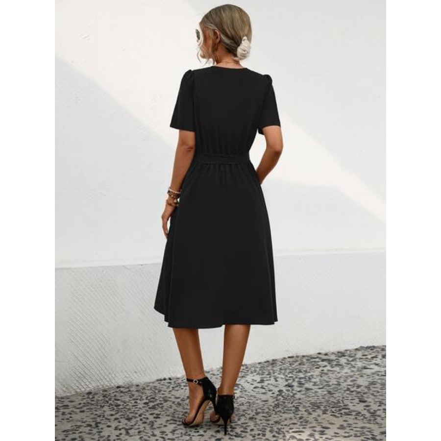 Tied Notched Short Sleeve Dress Apparel and Accessories