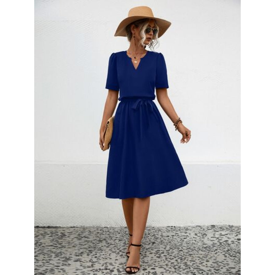 Tied Notched Short Sleeve Dress Apparel and Accessories