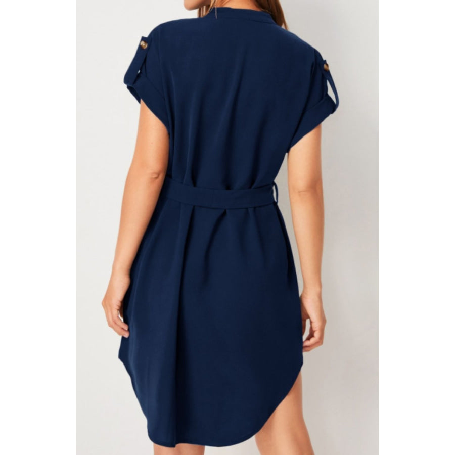 Tied Notched Short Sleeve Dress Apparel and Accessories