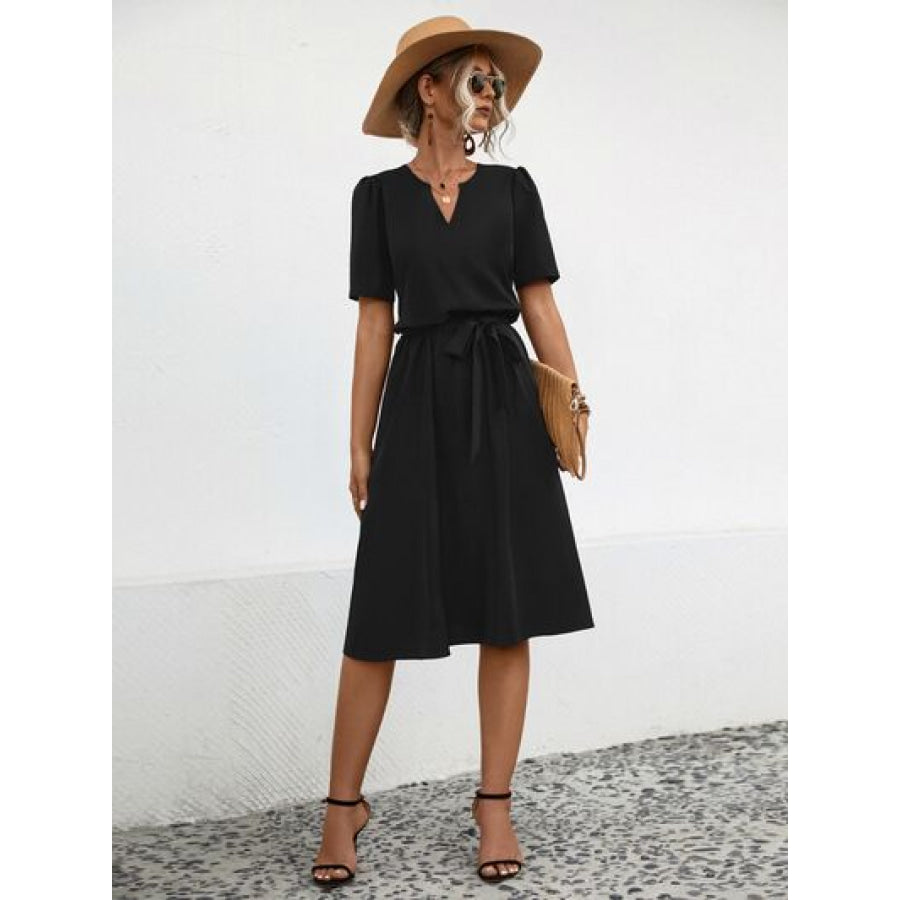 Tied Notched Short Sleeve Dress Apparel and Accessories