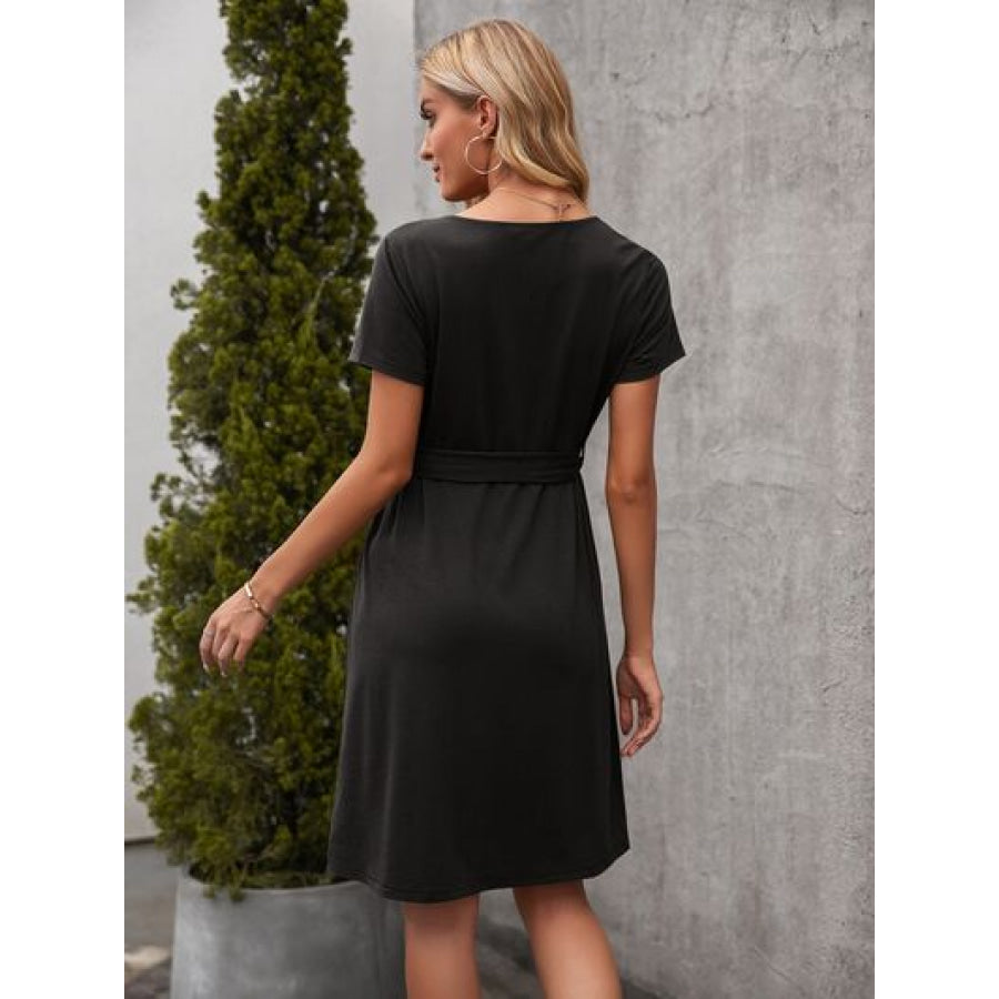 Tied Notched Short Sleeve Dress Apparel and Accessories