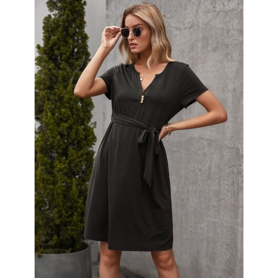 Tied Notched Short Sleeve Dress Apparel and Accessories